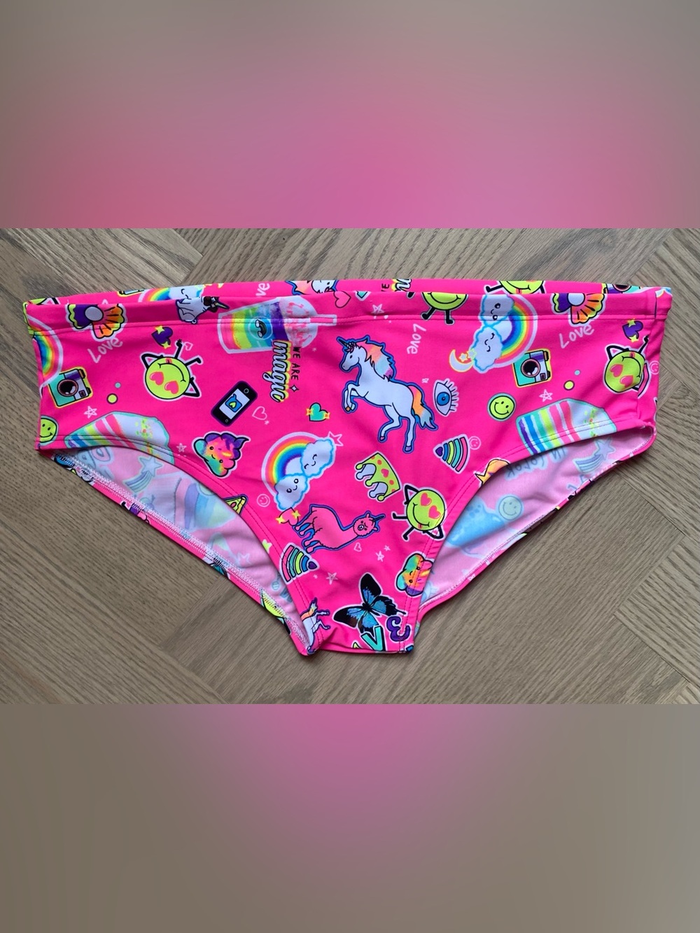 Bright Pink Graphic Men's Swim Trunks with Unicorn & Rainbow Print